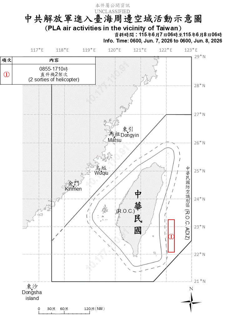MoNDefense's tweet photo. 2 sorties of PLA aircraft, 6 PLAN vessels and 7 official ships operating around Taiwan detected up until 6 a.m. (UTC+8) today. 2 out of 2 sorties entered Taiwan’s eastern part ADIZ. #ROCArmedForces have monitored the situation and responded. https://t.co/zosWeCkIDs