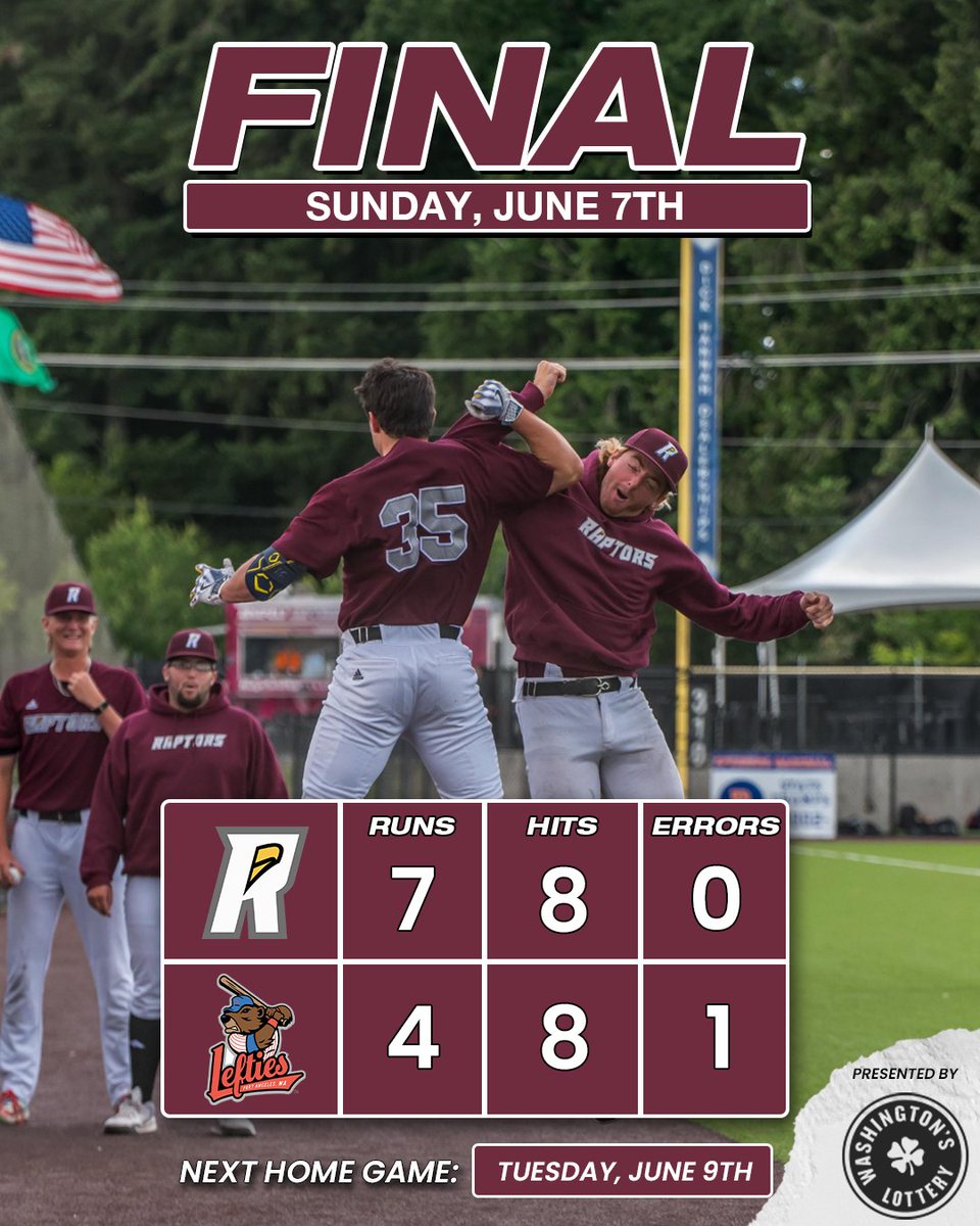 RRaptorsBB's tweet photo. The Raptors sweep the Lefties with a 7-4 win!
Come out to the RORC this week, we have a loaded promotions schedule against the Pippins! Don't miss $3 Tuesdays, Ridgefield School District Night on Wednesday and Little League Night + Trading Card Giveaway on Thursday! #GoRaps https://t.co/nsQbeC5DZJ