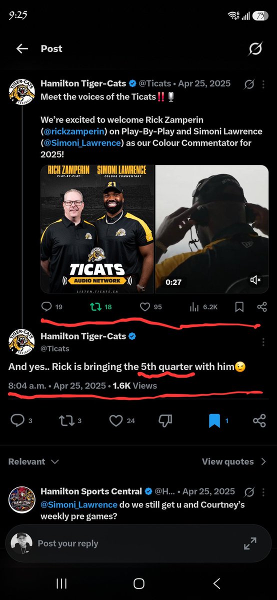 jdy85's tweet photo. Imagine @rickzamperin AND  @Simoni_Lawrence taking fan calls after games..... @Ticats have a championship caliber broadcast team and are putting them on the sidelines, PLEASE let these guys cook! https://t.co/XpMfeM1HyQ