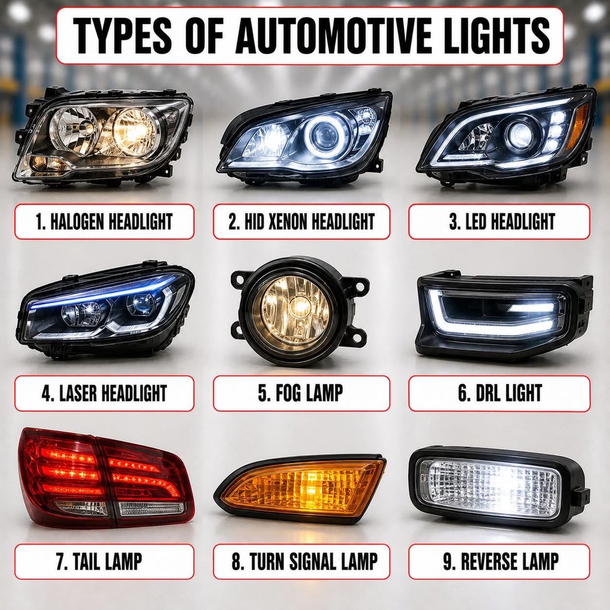 TheCleanCarClub's tweet photo. Types of automotive lights https://t.co/XPVe1bnEar