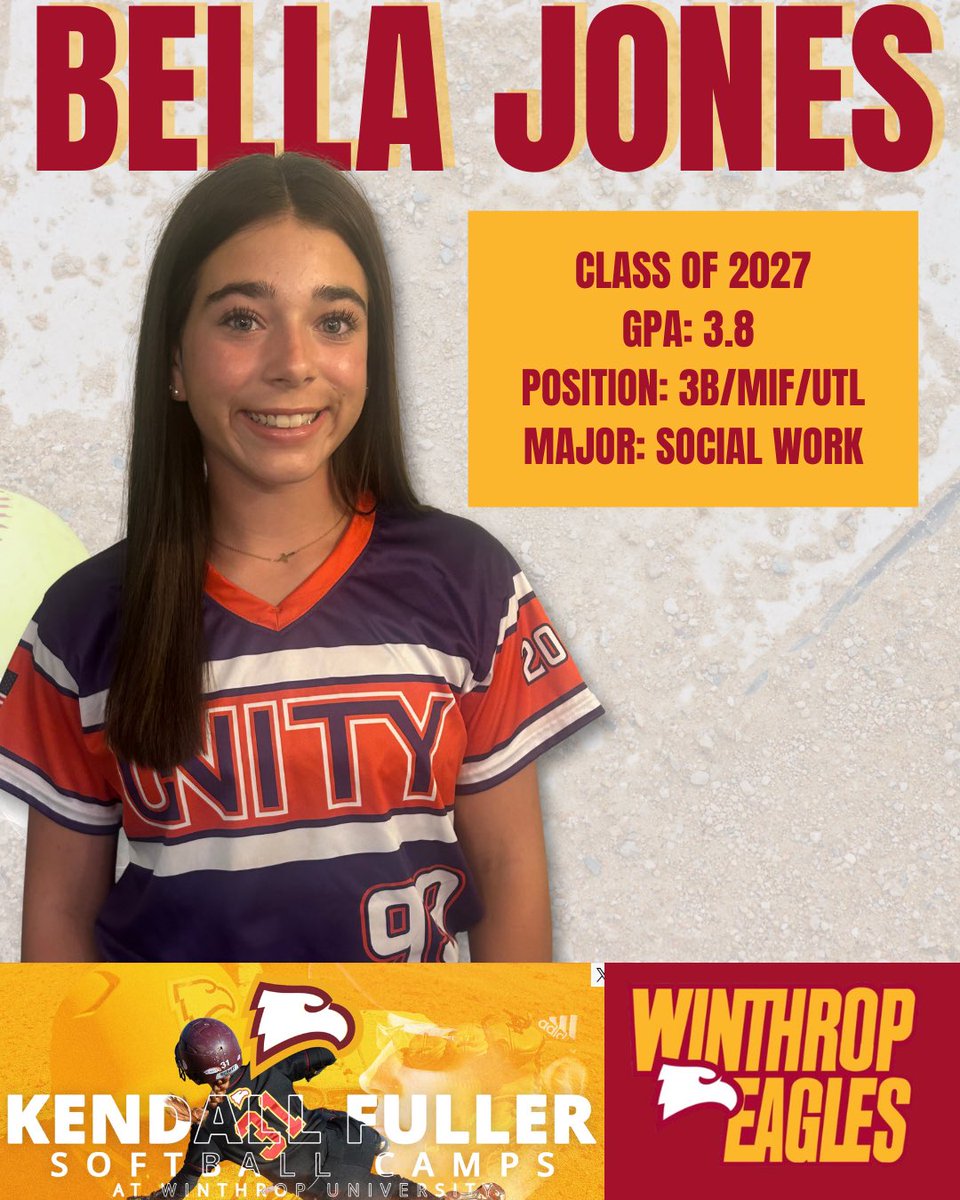 Bellaj2009's tweet photo. 🥎 Prospect Camp Announcement 🥎 

I'm excited to announce that I will be attending the Winthrop University Prospect Camp with Head Coach Kendall Fuller!

📚 Class of 2027
⭐️ GPA: 3.8
🥎 Positions: 3B | Middle Infield | Utility
🎓Intended Major: Social Work

I am currently uncommitted and very interested in learning more about Winthrop University, its academic programs, and the softball program. I'm looking forward to competing, meeting the coaches, and connecting with other athletes at camp.
I can't wait to see everyone there!
Go Eagles! 🦅 
#WinthropSoftball #ProspectCamp #ClassOf2027 #Uncommitted #SoftballRecruiting #GoEagles  #RecruitMe
@Winthropsoftbal @UnityHorsley24 @MandosDad_18 @Ne69067923Billy @tyteturns @todell04
