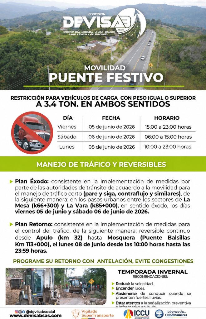 devisabsocial's tweet photo. MOVILIDAD Puente Festivo - CORREDOR VIAL CHÍA - FUNZA - MOSQUERA - LA MESA - GIRARDOT - RAMAL A SOACHA Y VIAS REGIONALES 🛣 / Apreciado usuario(a): programe su viaje con antelación este puente festivo. Recuerde que estamos a su servicio las 24 horas. https://t.co/dYOLjUa1vJ