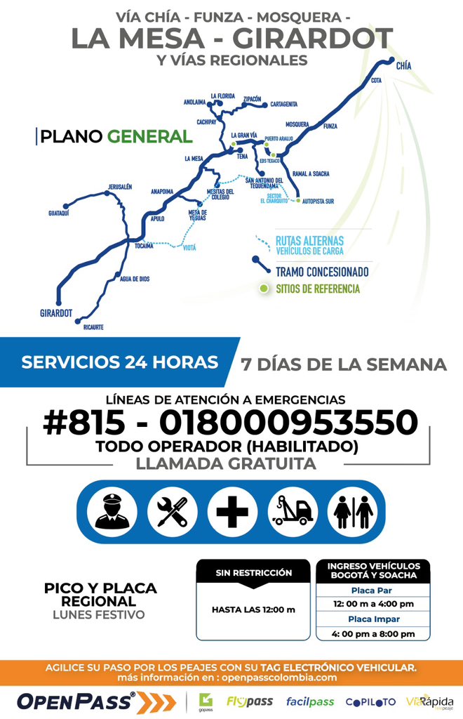 devisabsocial's tweet photo. MOVILIDAD Puente Festivo - CORREDOR VIAL CHÍA - FUNZA - MOSQUERA - LA MESA - GIRARDOT - RAMAL A SOACHA Y VIAS REGIONALES 🛣 / Apreciado usuario(a): programe su viaje con antelación este puente festivo. Recuerde que estamos a su servicio las 24 horas. https://t.co/dYOLjUa1vJ