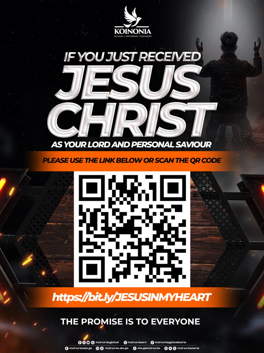 koinoniaeni's tweet photo. “Therefore if any man be in Christ, he is a new creature: old things are passed away; behold, all things are become new.” 2 Corinthians 5:17 (KJV)
_
Did you just receive Jesus Christ as your Lord and Saviour? Congratulations on your decision. Your new life in Christ has begun.

Kindly fill this form:
https://t.co/DPz5lqJwXI

We are here to support you in your walk with God.

#ThisIsKoinonia
#KoinoniaAbuja
#KoinoniaZaria
#KoinoniaGlobal