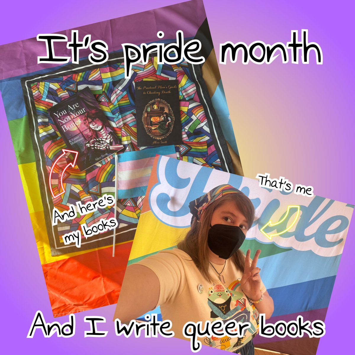 AllyScottAuthor's tweet photo. Needed a new pinned tweet for pride month, but I, your local queer nonbinary author-slash-ferret-thing have two books out and numerous short stories you can find on my website! https://t.co/1xETfvL1qy