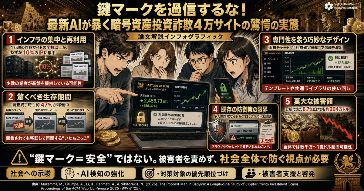 CharmsResearch's tweet photo. ブラウザに鍵マークがある。
サイトの見た目も本物っぽい。
利益グラフも動いている。
それでも、暗号資産投資詐欺サイトかもしれません。

Muhammad Muzammil先生らの2025年研究は、投資詐欺サイトを自動検出するシステム「Crimson」を開発し、2024年の最初の8か月間に約60億ドメインを処理。
その結果、4万3,572件のユニークな詐欺サイトを特定しました。

衝撃的なのは、既存のブラウザやウォレットのブロックリストでは、これらの詐欺サイトのごく一部しかカバーできていなかったことです。

つまり、多くの人は警告なしに詐欺サイトへアクセスしてしまう可能性があります。

しかも、詐欺サイトはTLS証明書を備え、鍵マークを表示し、リアルタイム風のチャートや偽の利益通知まで使って「本物の投資サービス」に見せかけます。

これは「見抜けなかった人が悪い」話ではありません。
組織的に作られた技術的な罠です。

鍵マークは「通信が暗号化されている」サインであって、「その投資先が安全」という保証ではありません。

▶️https://t.co/akVBhDPq7q

#暗号資産詐欺 #投資詐欺 #仮想通貨詐欺 #サイバー犯罪 #Crimson #資産保護 #ブロックチェーン #被害者支援 #論文解説 #サイバーセキュリティ