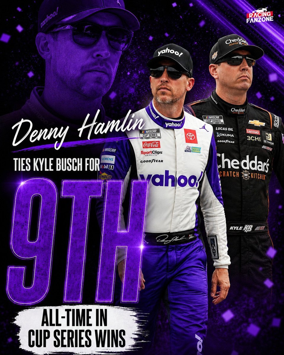 NASCARatSK's tweet photo. Denny Hamlin takes the win at Michigan for his 63rd Cup Series victory, tying Kyle Busch for 9th all-time 🏆🏁 https://t.co/goZ33V7gpj