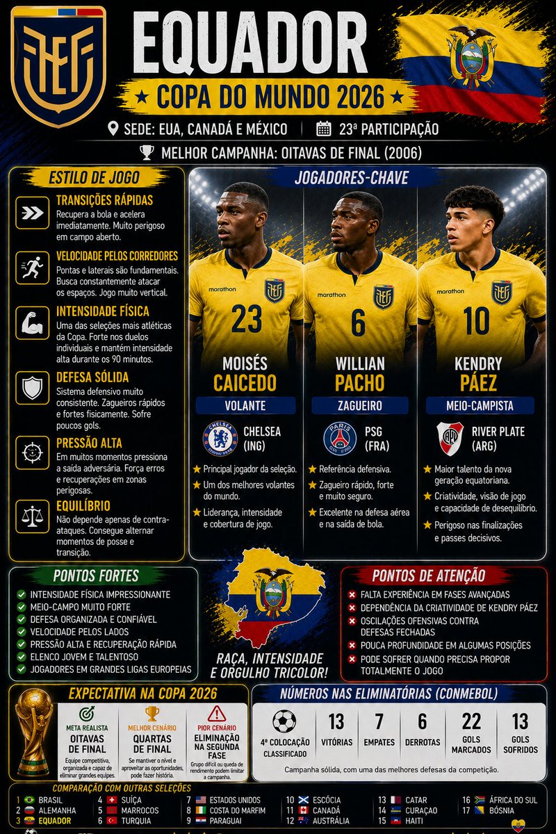 CP4tips's tweet photo. Fechando o grupo E temos a seleção equatoriana que deve conseguir sua vaguinha na segunda fase pq se precisar goleia Curaçao.

É uma seleção abaixo de Brasil e Argentina, mas pode incomodar, chega mais madura e com um elenco mais robusto para 2026. https://t.co/3geqywf9GL