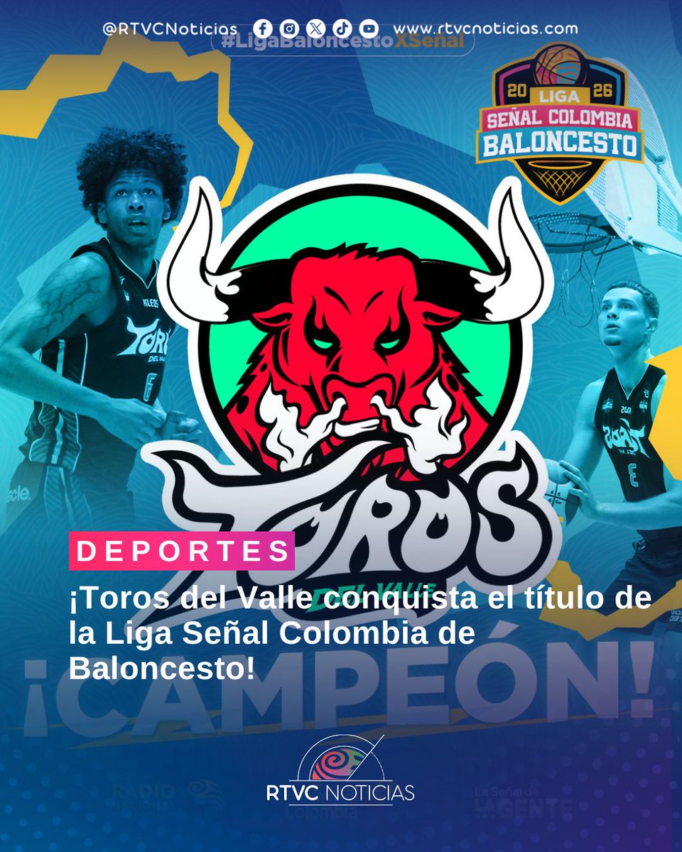 RTVCnoticias's tweet photo. #LigaDeBaloncesto 🏀 | ¡ATENCIÓN! Toros del Valle se coronó campeón de la Liga Señal Colombia de Baloncesto 2026 tras vencer en la final a Paisas, equipo que llegaba a la serie como bicampeón del torneo. 🏆

El conjunto vallecaucano se quedó con el título luego de una destacada actuación en la definición del campeonato, consolidándose como el nuevo monarca del baloncesto profesional colombiano.

🔴Conéctate con nosotros 👉🏻 https://t.co/LuEiLPNUJp📲