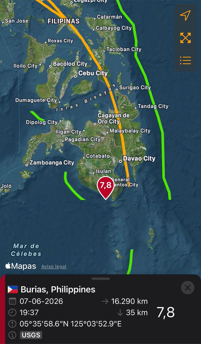 TuiteroSismico's tweet photo. AHORA: TERREMOTO EN FILIPINAS 7.8 
Con Alerta de tsunami local 🌊!! 🚨 
#earthquake #sismo #temblor #Philippines https://t.co/YMxB57iJCV