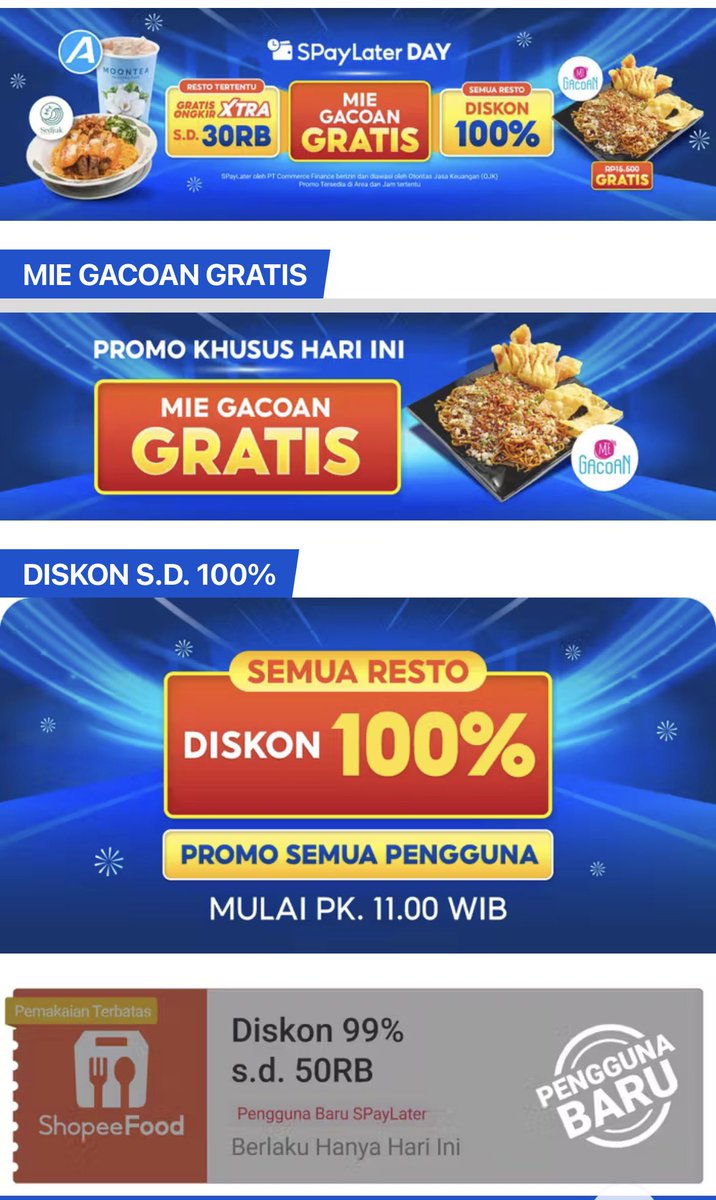 BestieShopee's tweet photo. PROMO SHOPEEFOOD X SPAYLATER DAY!

• Mie Gacoan GRATIS (Promo Khusus Hari Ini)
• Diskon 100% Semua Resto (Promo Semua Pengguna, Mulai PK. 11.00 WIB)
• Diskon 99% s.d 50RB (Khusus Pengguna Baru SPayLater)

👇 Serbu promonya di sini:
https://t.co/JHCUAbBm6E https://t.co/5ADKRU3CTS