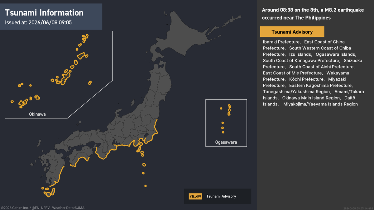 EN_NERV's tweet photo. Tsunami Advisory – 6/8, 9:05am
A Tsunami Advisory has been issued. Waves of up to 1m are expected. Those near coastal areas, rivers, or lakes should evacuate to higher ground immediately. #tsunami https://t.co/UmnSFgQ5N2