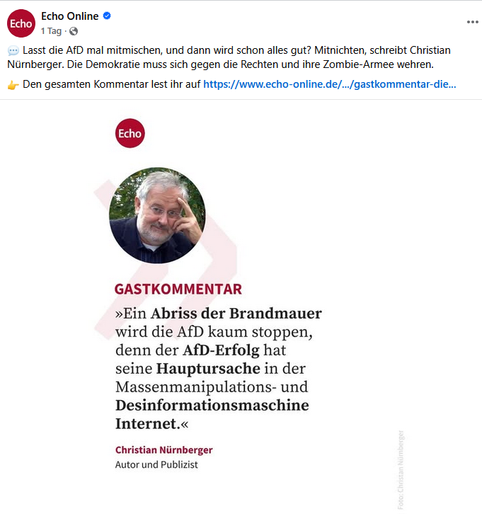 strabaflix's tweet photo. @jannibal_ Der Kommentar fand Verbreitung über die Zeitungen der VRM-Mediengruppe (u. a. Main-Spitze, Echo Online, Wormser Zeitung, Mittelhessen) und wurde von Echo Online auf deren Facebook-Präsenz explizit mit dem unsäglichen Wort Zombie-Armee beworben. https://t.co/dAftEEFDk4