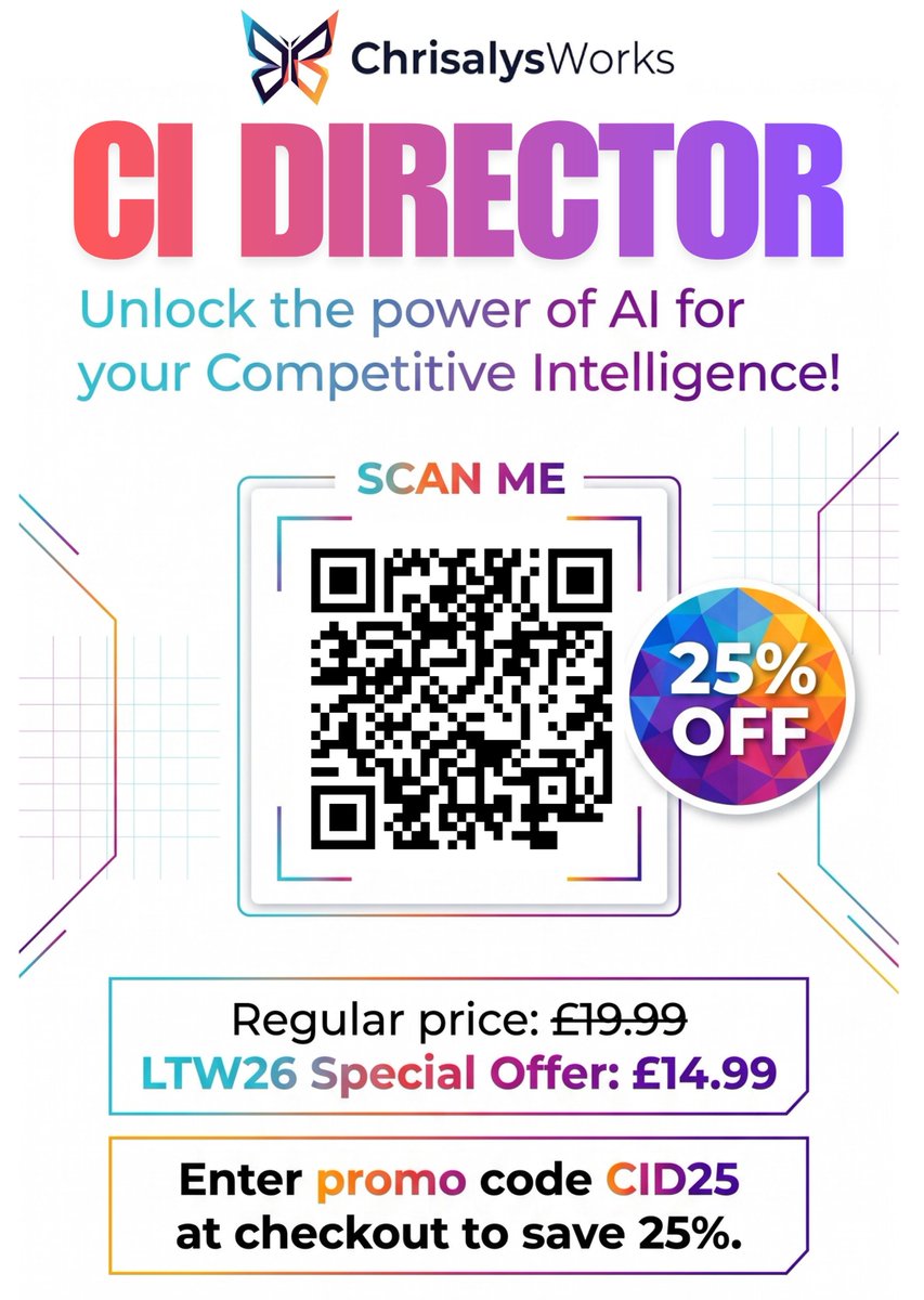 ChrisalysWorks's tweet photo. We're celebrating @LDNTechWeek with a special promotion for our new AI skill, #CIDirector. Unlock the power of automated Market and #CompetitorAnalysis for only £14.99. Scan the QR code and enter discount code CID25 at checkout.
#AIforBusiness #SmallBusiness #FounderJourney https://t.co/H6ER73K7Ks