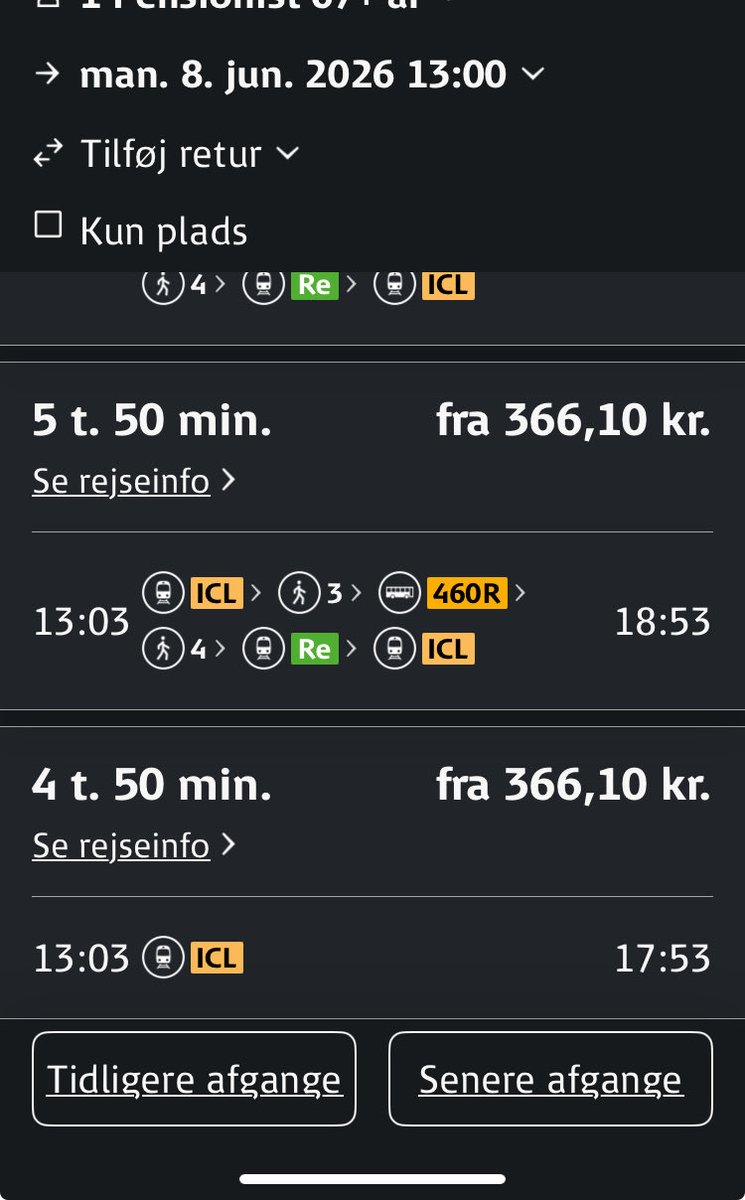 Birgitc2's tweet photo. @omDSB 
jeg har pladsbillet til  13.03 8. juni mod Aalborg. Her kl 23 d 7. juni viser I stadigvæk to  afgange mod Aalborg: 1 m togbus og RE og 1 direkte ICL. Jeg har købt pladsbillet til det med togbussen som sikkerhed, men om 1 t kan den ej refunderes. Hvorfor to forsk afgange? https://t.co/1XjPjHTqdh
