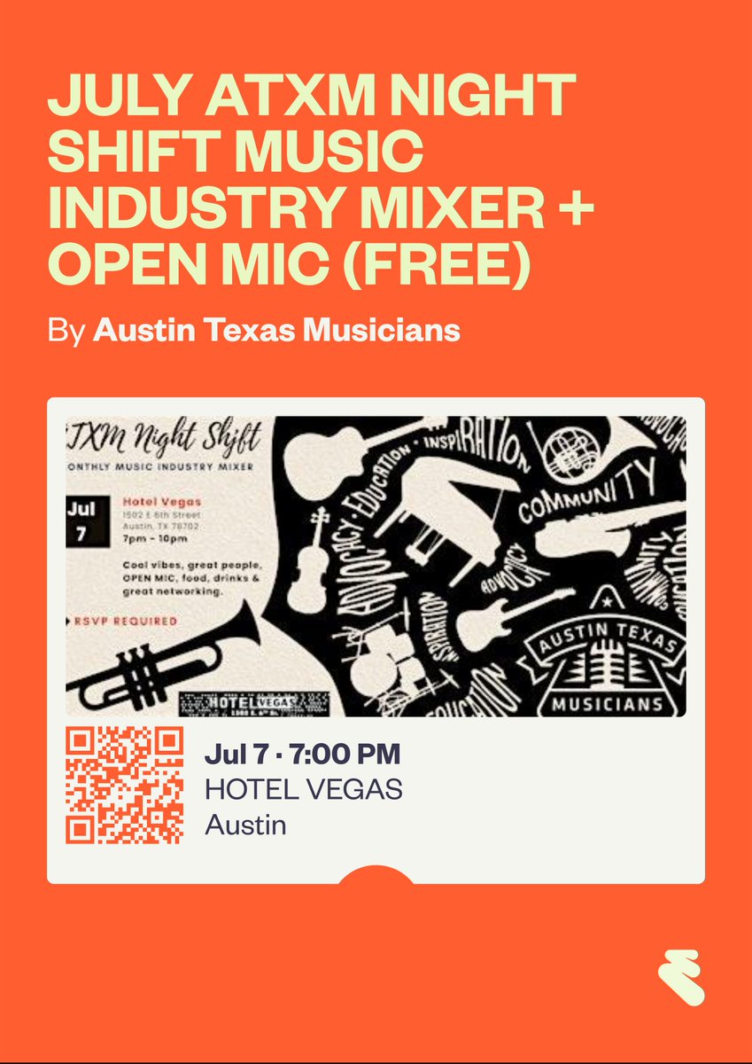 atxmusicians's tweet photo. 🎶 Austin's longest-running music industry mixer returns to Hotel Vegas this July!

🎤 Open Mic (lottery selected)
🤝 Networking
💙 Meet HAAM &amp; SIMS Foundation
🌮 Food trucks
🎸 Connect with Austin's music community

RSVP required! https://t.co/FQVCzFeZmh 

#ATXM #NightShiftATX https://t.co/KE02XIGbF3