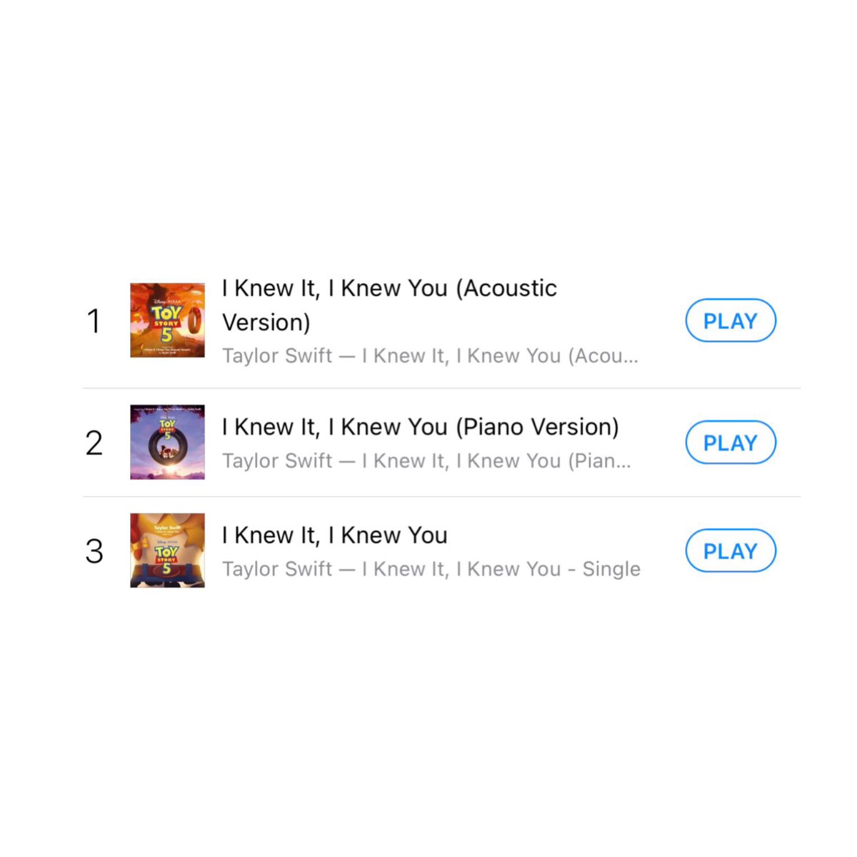 TheSwiftSociety's tweet photo. 📈| Taylor Swift now holds the whole Top 3 of US iTunes with versions of “I Knew It, I Knew You”! https://t.co/cCv3qiR9n9