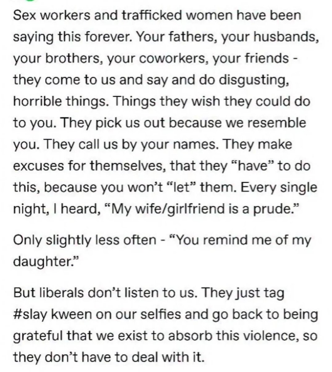 ljmontello's tweet photo. Listen to sex workers when they assure you that the men buying them are misogynists who treat them as an acceptable outlet for their violent, depraved fantasies. https://t.co/j5g7pz1yU2