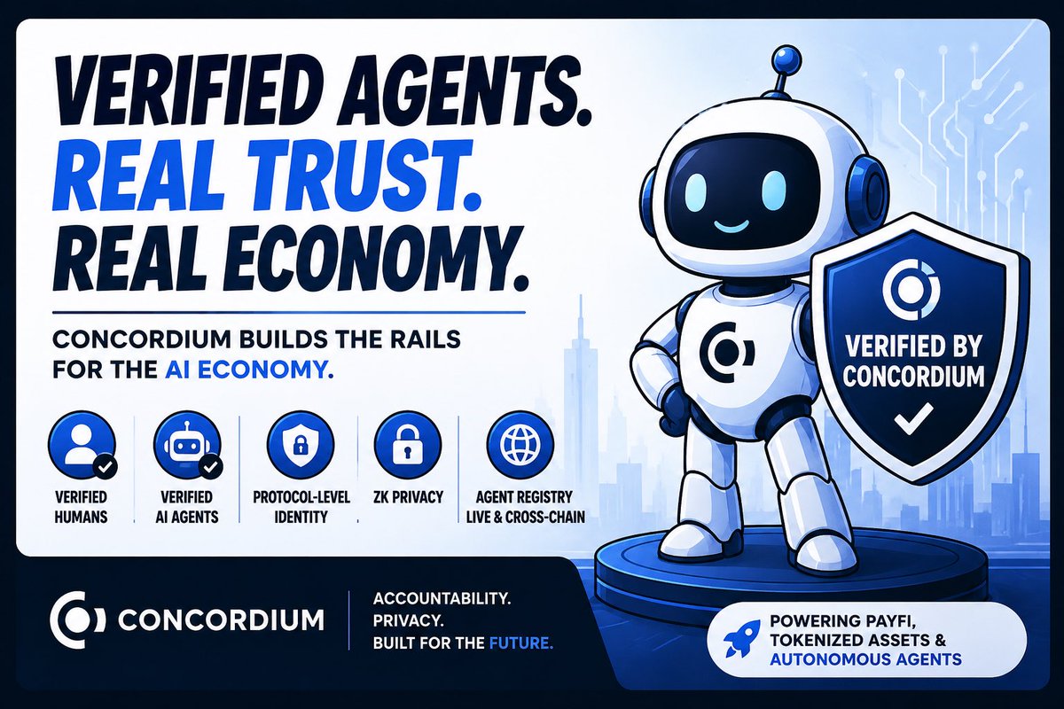 barondickson's tweet photo. AI agents moving money with no identity is basically automated scam season 😭

Everybody been building “decentralized AI” with zero accountability.
No names.
No proof.
Just vibes.

Meanwhile @Concordium already shipped:
→ Verified humans
→ Verified AI agents
→ Protocol-level identity
→ ZK privacy
→ Agent Registry

And that “Verified by Concordium” badge?
That’s the first real onchain trust layer for agents.

While other chains farming hype and praying nobody notices the chaos…
Concordium building the rails for actual PayFi, tokenized assets, and autonomous agents that can operate without causing problems.

This not another ghost-chain narrative.

This infrastructure.

$CCD starting to make a lot more sense when you realize the next AI economy needs accountability👀
#Concordium #CCD