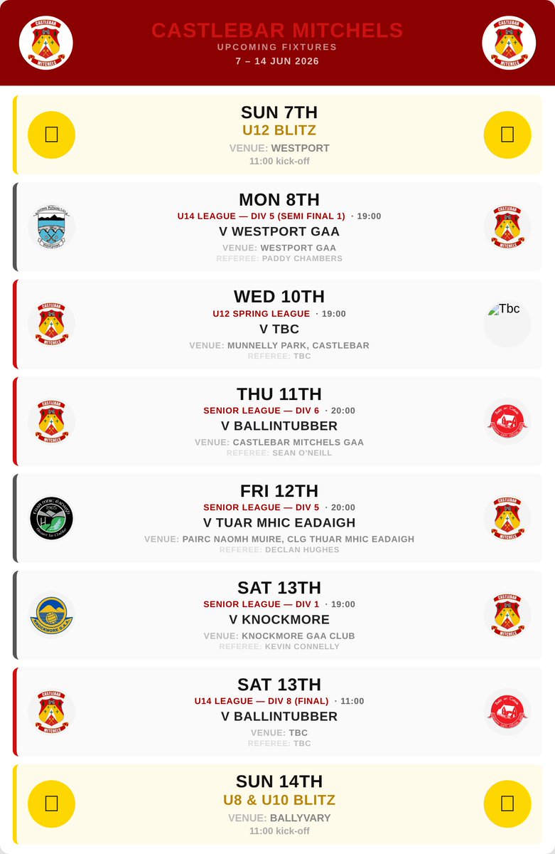 MitchelsGaa's tweet photo. 𝘾𝙖𝙨𝙩𝙡𝙚𝙗𝙖𝙧 𝙈𝙞𝙩𝙘𝙝𝙚𝙡𝙨 𝙁𝙞𝙭𝙩𝙪𝙧𝙚𝙨 

Please note: Club matches are subject to change due to scheduling, weather, or venue adjustments.

#castlebarmitchels #mayogaa #shawcommercials https://t.co/PBxFGQAL5w