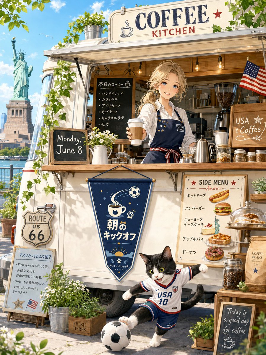 moshimoshi_ai's tweet photo. 【おはよう、バリスタと猫】
自由の女神が見える月曜の朝のコーヒー

おはようございます
今朝はワールドカップ開催国のひとつ、アメリカをテーマにしたコーヒーキッチンです

遠くに自由の女神、横にはルート66の看板
ホットドッグやアップルパイも並べて、少しだけ旅先の朝みたいにしてみました

月曜の朝が、少し軽く始まりますように
メニューにも、アメリカ気分をとり入れています

店長はすっかり選手気分です
今週も良い一週間が送れますように！