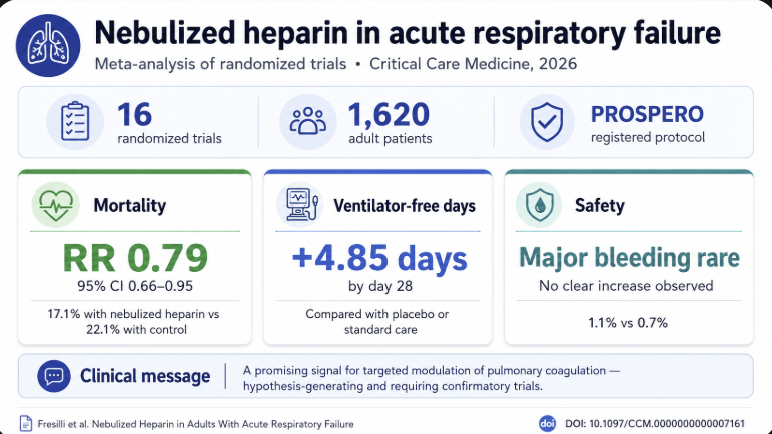 giovannilandoni's tweet photo. New in @CritCareMed: our meta-analysis of 16 RCTs (1,620 adults) suggests nebulized heparin in acute respiratory failure may lower mortality (RR 0.79, 95% CI 0.66–0.95) and increase ventilation-free days, with no safety signal. https://t.co/PcEnM7kpEn https://t.co/b2LaG4vZjh