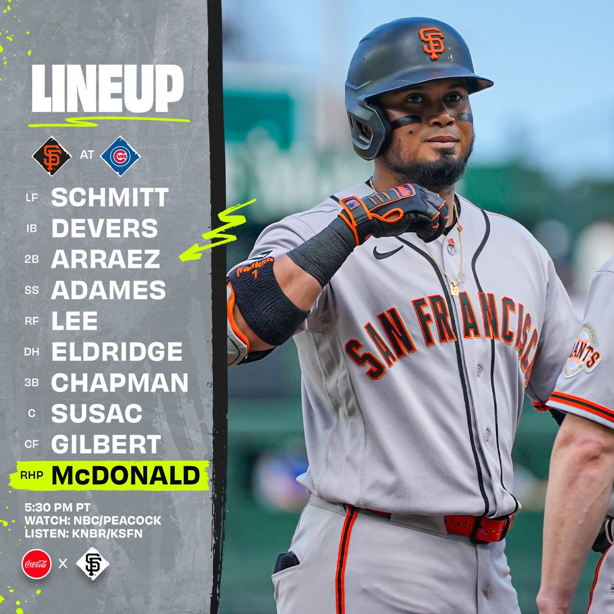 SFGiants's tweet photo. Last one in Chicago 🏙️

⌚️: 5:30 p.m. PT
📍: Chicago, IL
📺: @NBCSGiants 
📻: @KNBR | KSFN

#SFGiants | @CocaCola https://t.co/CmyRmf0r4z