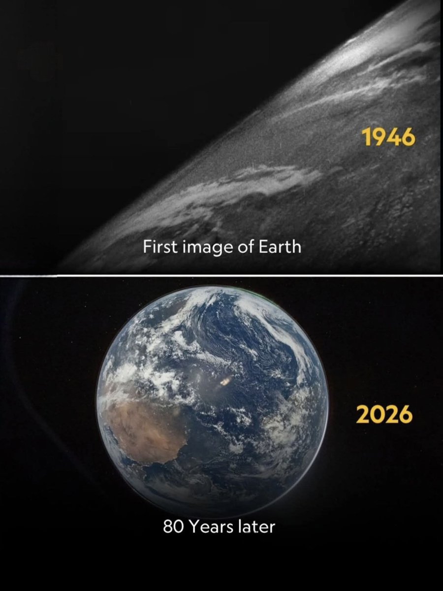 NatureScienceA1's tweet photo. 🌍 In 1946, the first photo of Earth from space showed only a small curved part of the planet in black and white.
Today, 80 years later, satellites can capture the entire Earth in stunning color and detail.
This comparison shows how far space technology has advanced from a blurry glimpse of Earth to a clear view of our whole world.