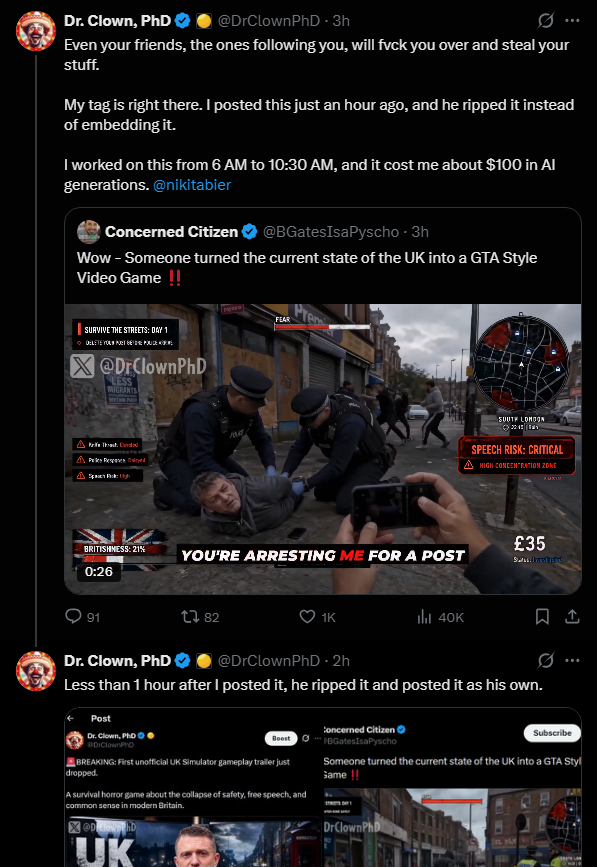 basedalx's tweet photo. .@DrClownPhD spent 4+ hours and $100 on AI gens to create this absolute fire GTA UK simulator just for some thief to rip it. https://t.co/MKVq26oejp