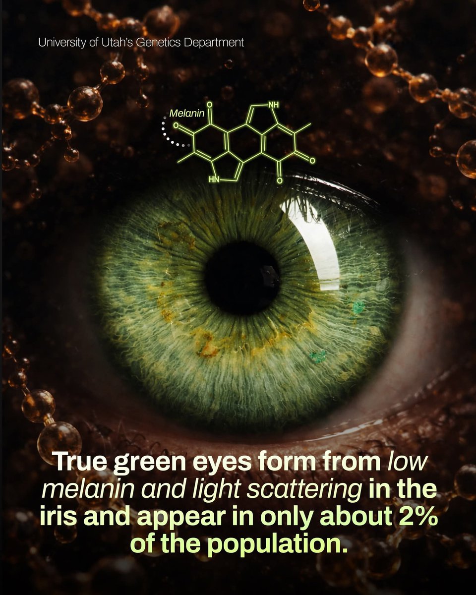ShiningScience's tweet photo. True green eyes are one of the rarest eye colors in the world. 

According to research from the University of Utah’s Genetics Department, they form when the iris contains very low levels of melanin, allowing light to scatter and reflect green wavelengths. 

Unlike brown eyes, the color is not due to pigment alone but to how light interacts with the eye’s structure. 
This combination creates a vivid green appearance that can shift slightly under different lighting conditions. 

Only about 2 percent of the global population has true green eyes.