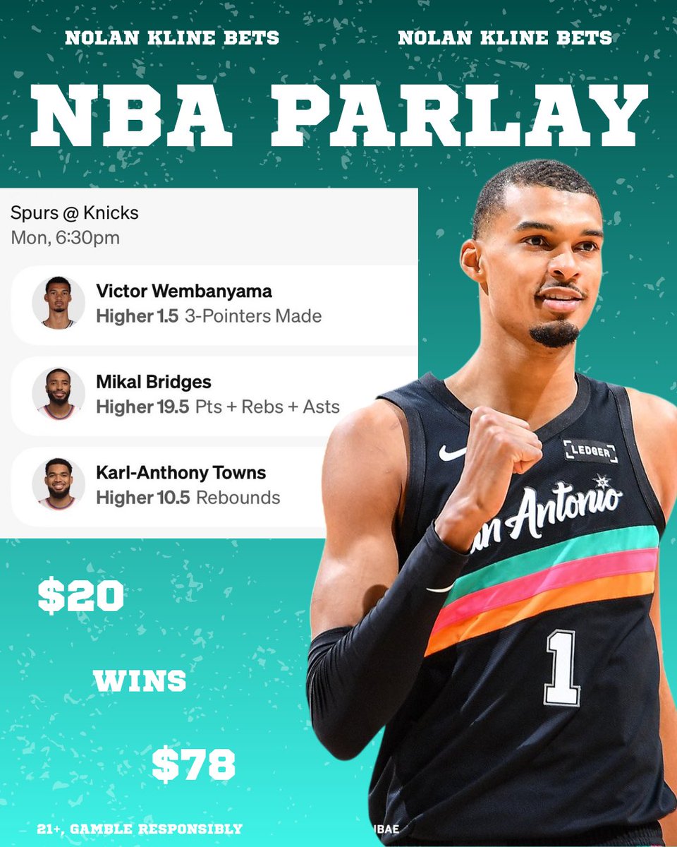 NolanKlineBets's tweet photo. NBA Finals Game 3 Parlay 3.9x🔥

🌟Knicks @ Spurs…

🏀Mikal Bridges Over 19.5 Pts + Rebs + Asts

🏀Victor Wembanyama Over 1.5 3-Pointers

🏀Karl-Anthony Towns Over 10.5 Rebounds

📊Data Down Below👇🏻

21+, Gamble Responsibly https://t.co/Gw1oigtwkQ