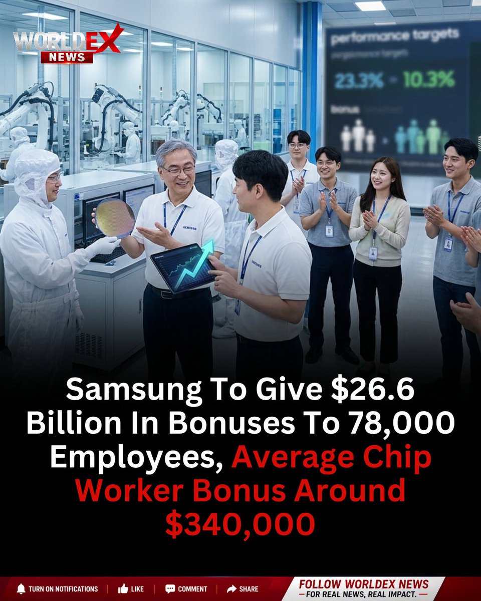 worldtechlad's tweet photo. Samsung is reportedly preparing one of the largest employee bonus payouts in corporate history, with semiconductor workers expected to receive substantial rewards after the company's strong performance.
#Samsung #Technology #Business #Semiconductors #SouthKorea #WorldExNews https://t.co/HTCSn3EZOe