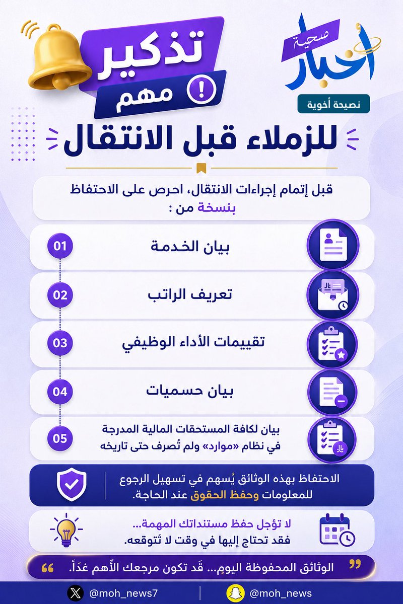 moh_news7's tweet photo. #نصيحة_أخوية 
————————

عزيزي الموظف 🚨

قبل إتمام عملية الانتقال إلى #الصحة_القابضة 

احفظها من #موارد https://t.co/KBoiLqg6Gg