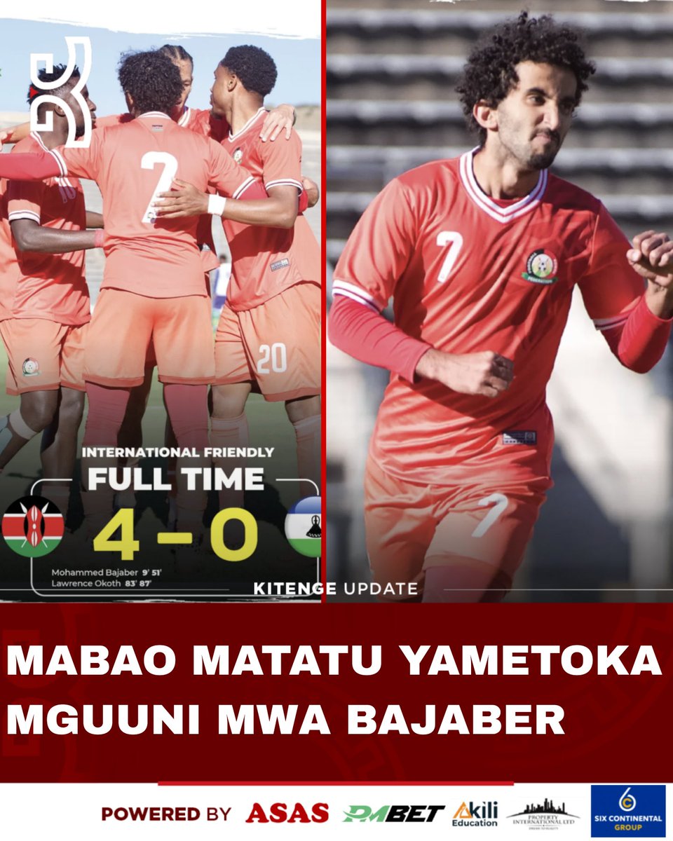mshambuliaji's tweet photo. Winga wa Simba SC, Mohammed Bajaber amehusika kwenye mabao matatu akifunga mawili na kutoa asisti moja wakati Harambee Stars ya Kenya ikiibuka na ushindi wa mabao 4-0 dhidi ya Lesotho kwenye mchezo wa kirafiki wa kalenda ya FIFA.

FT: Kenya 🇰🇪 4-0 🇱🇸 Lesotho
⚽ 08' Bajaber (🅰️ 0biero)
⚽ 52' Bajaber (🅰️ 0dhiambo)
⚽ 84' Ouma (🅰️ Agina)
⚽ 88' Ouma (🅰️ Bajaber)

#KitengeSports