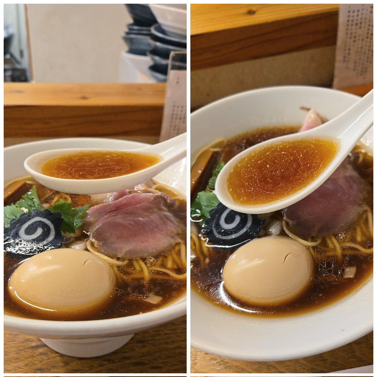 KaizokuoMa's tweet photo. 【銀座らぁ麺 しら石】新橋
炭火焼鯵煮干しそば+味玉
訪麺🍜猛烈🌪️でビショ濡れも欲する清湯soup♫芳醇bitterで仄かな甘味をもたらす鯵煮干…芳ばしさ際立つ抑揚のある味わいと滲む余韻が五臓六腑に浸透する珠玉の逸杯♪めッちゃウマ──ッ!
凛々しいツルパツの中細麺&amp;黒い🍥も美麗🤩
超絶美味‼️🙏💥💯 https://t.co/GeTkRzUuk7