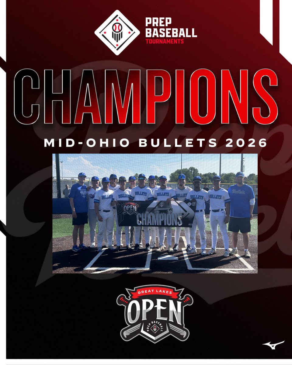 PrepBaseballOH's tweet photo. 🥇TOURNAMENT CHAMPIONS🥇
🏆PB Great Lakes Summer Open🏆

Mid-Ohio Bullets 2026 

⚾️18U Baseball  
📅6/4-6/7
📍Columbus, OH

@PBTourney | @PrepBaseballOH | @PBCbus https://t.co/5RqR8zoEc9