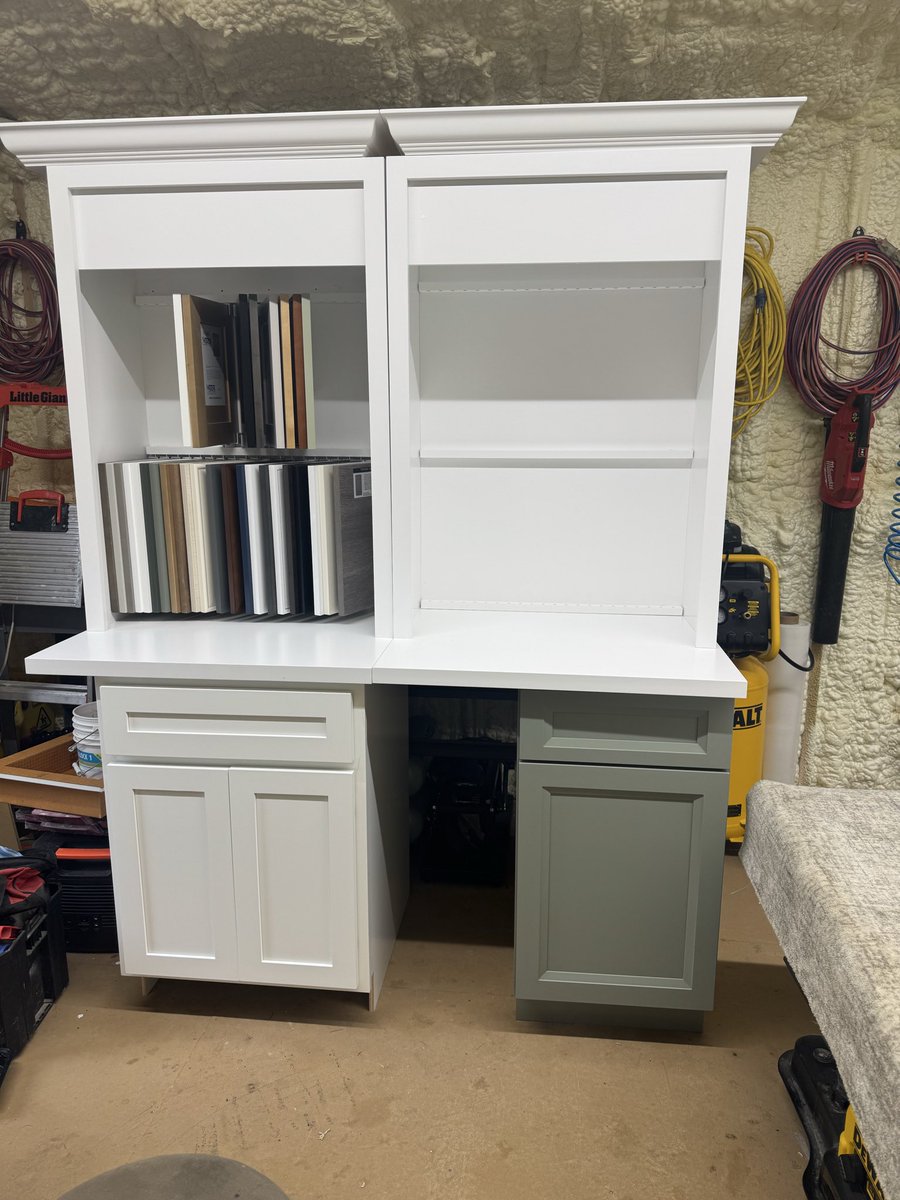 Tinyv73's tweet photo. I’ve got another cabinet for the bottom. And I gotta rework the crown (displays are premade) add some LEDs and the 20 or so doors from the showroom and I think it’ll be nicer then what currently up. I’ll get pics when I am in showroom https://t.co/Rj9prJOrnK