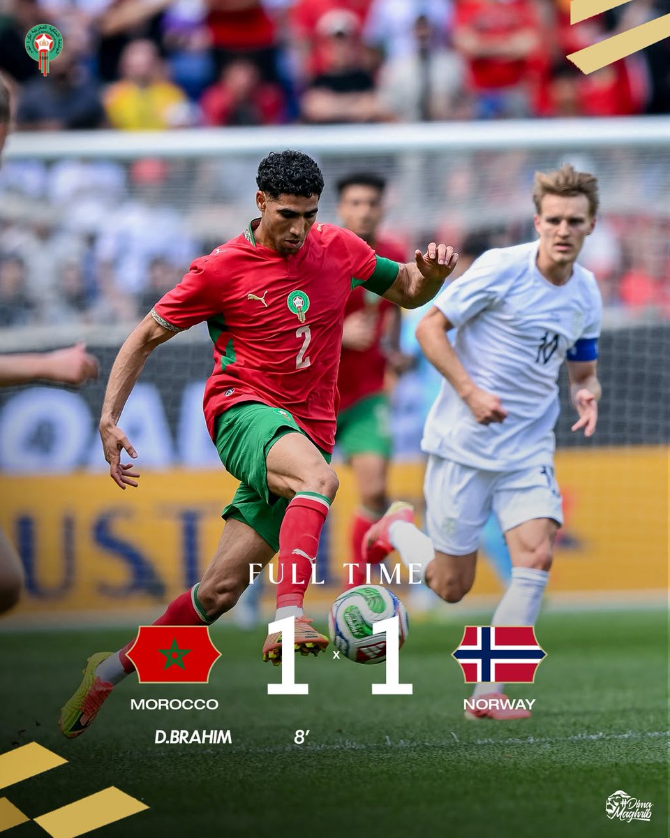 Destination2M's tweet photo. Prépa terminée ✅

Maroc 1-1 Norvège. 
Brahim buteur. Hakimi capitaine. 
28 matchs sans défaite.

J-6 avant Maroc vs Brésil 🇲🇦🇧🇷  
14 juin – 00h00

Les Lions sont lancés. 

#WorldCup2026 #AtlasLions #Maroc #Destination2morocco  #QuickWittedMGT https://t.co/22qRg4N9IN