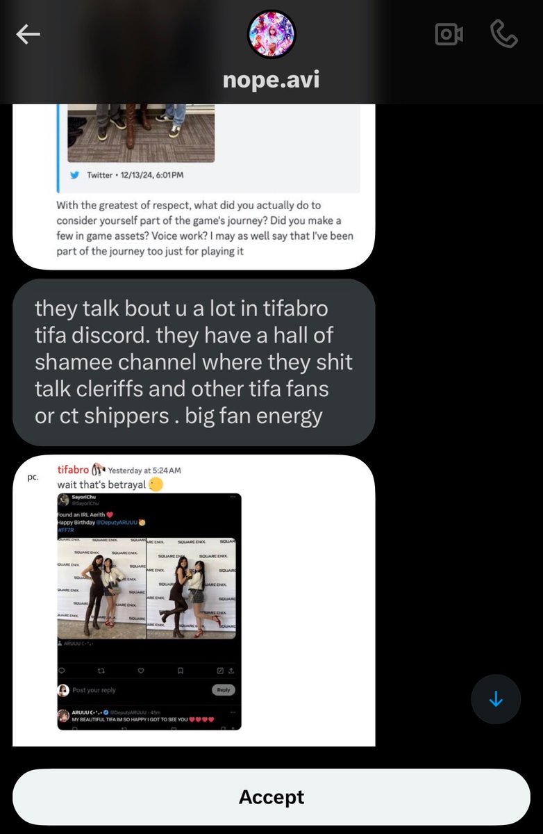 DeputyARUUU's tweet photo. What the fuck is this lolicon talking about? Mf you went on a whole tangent on how you couldn’t yoink your meat to 15 year old Tifa Lockhart because her cleavage was censored. Suck my dick. 

Also you made an entire discord to shit talk me btw (insane fucking behavior) https://t.co/1f9HP7tlj1