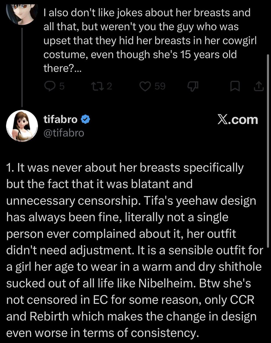 DeputyARUUU's tweet photo. What the fuck is this lolicon talking about? Mf you went on a whole tangent on how you couldn’t yoink your meat to 15 year old Tifa Lockhart because her cleavage was censored. Suck my dick. 

Also you made an entire discord to shit talk me btw (insane fucking behavior) https://t.co/1f9HP7tlj1