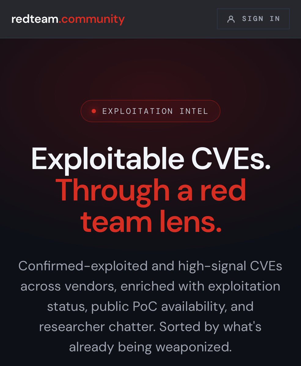 nickvangilder's tweet photo. CISA KEV is a solid resource, yes, but it only lists which vulns have been caught being exploited in the wild and stops there. From a red team operator’s point of view that’s a useful starting point, but also a big gap if your end game is actually exploiting one of these during an op.
That’s what this CVE exploitation module I’ve been building is for: https://t.co/jheswG0CyB

CISA KEV stays the authoritative source for confirmed active exploitation. On top of it, the CVEs are enriched with technical writeups, the exploit repos themselves (if they exist), the researcher who found it, and even live chatter from X. It also surfaces vendor CVEs that already have a verified public PoC but haven’t hit KEV yet… the stuff a KEV-only view misses.

So as an operator, you can hopefully spend less time hunting down details and more time operating. 

Hack the planet!