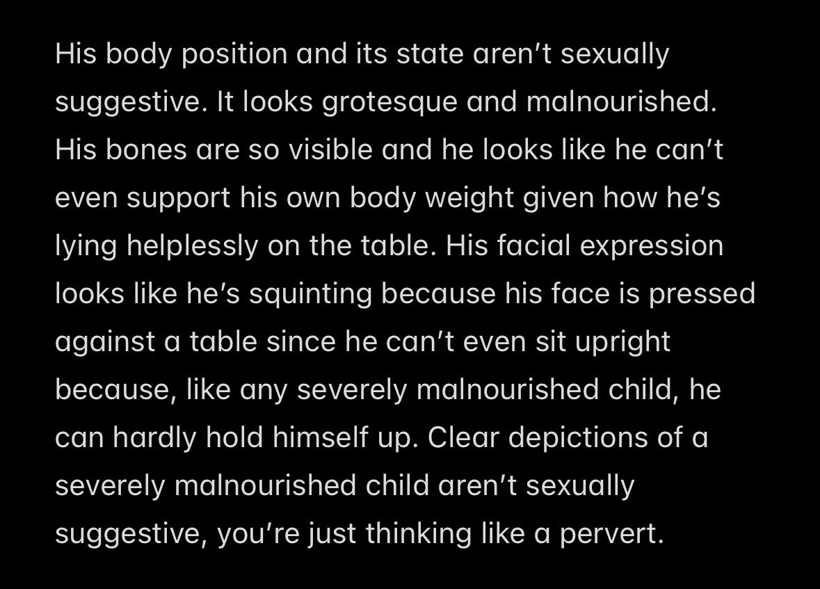 annaivx_'s tweet photo. @BiizonaPirigosa @nickshin38829 It’s you who is “rotten in mind” and actually perverted in mind too for looking at such a clear and obvious depiction of a malnourished and abused child and calling it sexually suggestive. https://t.co/jLEIoDneyu