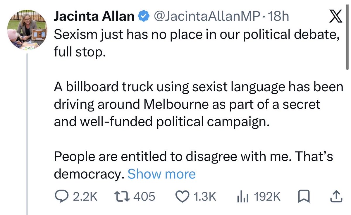 salltweets's tweet photo. Three Australian politicians are currently complaining about misogyny & sexism. But -

@JacintaAllanMP, the Victorian Labor premier, has men in women’s prisons, school girls not drinking water and women punished for not accepting men as women.

@AlboMP, the Australian prime minister, has called the destruction of women’s rights a “culture war”, ignoring pleas to ensure women have rights & protections in federal legislation.

@JuliaGillard, during her time as the first women prime minister, removed the definition of women from war, igniting the “culture war”.

Calling out misogyny & sexism when it impacts you while ignoring Australian women & girls who are experiencing ideological & institutional misogyny & sexism on a daily basis is not a good look and it simply highlights the hypocrisy. It confirms our suspicion that you only care about yourselves. 

If you’re going to cry misogyny & sexism, first make sure that you’re not a perpetrator of it.