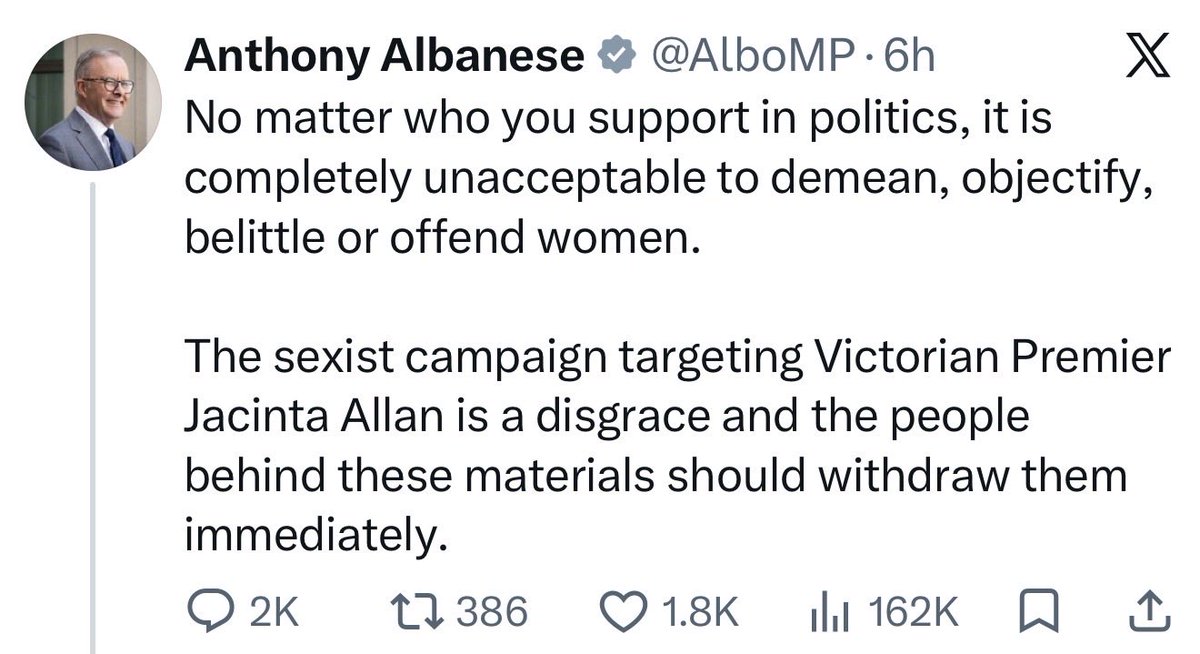 salltweets's tweet photo. Three Australian politicians are currently complaining about misogyny & sexism. But -

@JacintaAllanMP, the Victorian Labor premier, has men in women’s prisons, school girls not drinking water and women punished for not accepting men as women.

@AlboMP, the Australian prime minister, has called the destruction of women’s rights a “culture war”, ignoring pleas to ensure women have rights & protections in federal legislation.

@JuliaGillard, during her time as the first women prime minister, removed the definition of women from war, igniting the “culture war”.

Calling out misogyny & sexism when it impacts you while ignoring Australian women & girls who are experiencing ideological & institutional misogyny & sexism on a daily basis is not a good look and it simply highlights the hypocrisy. It confirms our suspicion that you only care about yourselves. 

If you’re going to cry misogyny & sexism, first make sure that you’re not a perpetrator of it.