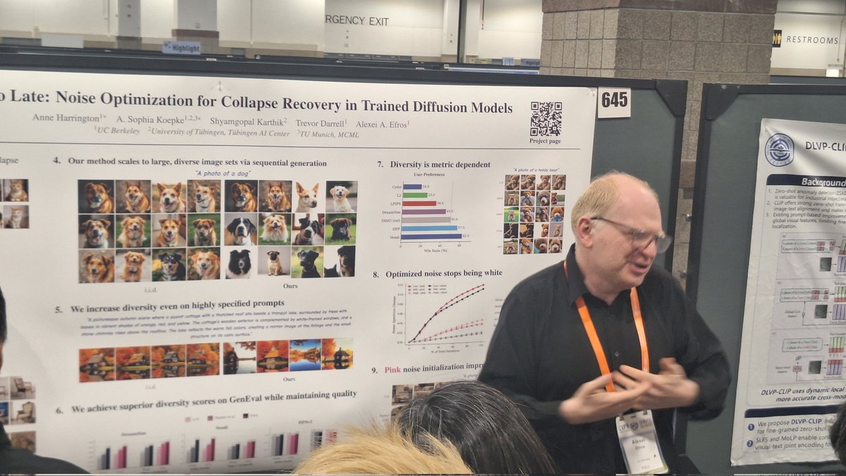 jacklangerman's tweet photo. Absolutely packed at 
It’s Never Too Late: Noise Optimization for Collapse Recovery in Trained Diffusion Models
tldr: recover diversity in trained

T2I diffusion models w/o retraining by optimizing noise latents directly

#CVPR2026
@annekharrington @ASophiaKoepke @ShyamgopalKart1 https://t.co/wUAc1Pf1wE