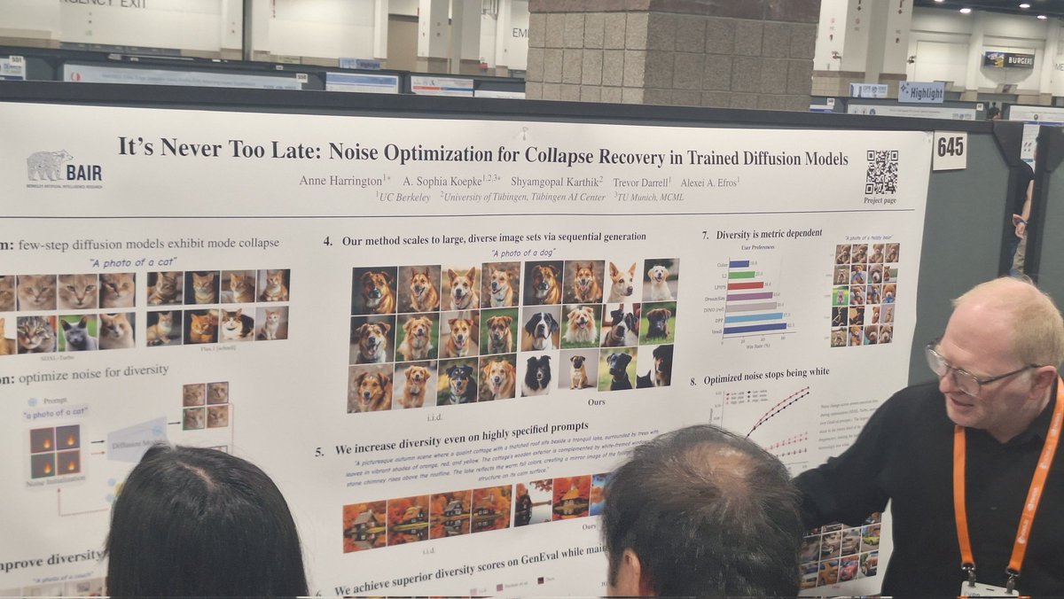 jacklangerman's tweet photo. Absolutely packed at 
It’s Never Too Late: Noise Optimization for Collapse Recovery in Trained Diffusion Models
tldr: recover diversity in trained

T2I diffusion models w/o retraining by optimizing noise latents directly

#CVPR2026
@annekharrington @ASophiaKoepke @ShyamgopalKart1 https://t.co/wUAc1Pf1wE