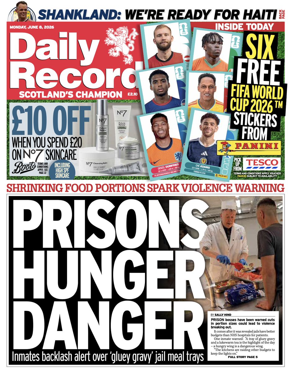 Daily_Record's tweet photo. Tomorrow's Daily Record leads on: Prison bosses have been warned cuts in portion sizes could lead to violence breaking out #tomorrowspaperstoday https://t.co/aEToKMl3tN