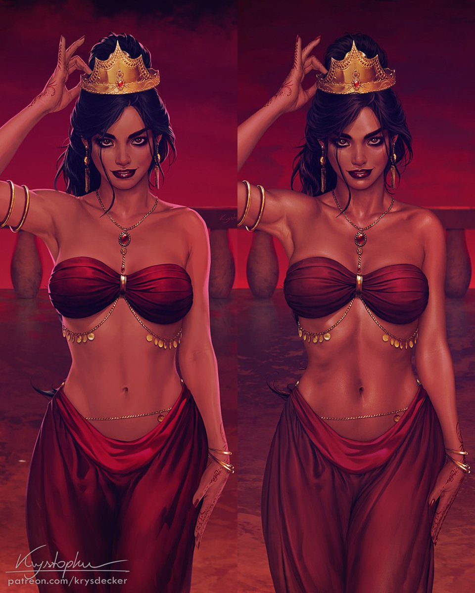krys_decker's tweet photo. Hey everyone, here's Jasmine remastered to 2026!

The image was originally painted 7 years ago, on may 2019. And I always loved the result, specially her face was still one of my all time favourite. So it was really interesting to me to see how i could enhance the quality without changing anything in the face.

Her body on the other hand could definitely use a more interesting polish, so there was a lot more changes there.

The clothing and background there was also some room to bring it up to recent levels of detail.

I have to say I absolutely love the result on her, so I hope you guys like it as well!

You can find the totally sfw versions in the signtature ;)

#jasmine