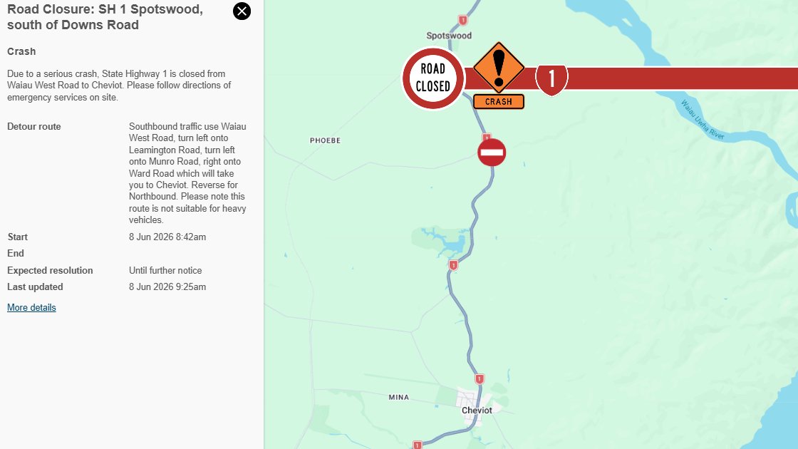 nztacwc's tweet photo. UPDATE 9:25AM
SH1 is now CLOSED from Waiau West Rd to Cheviot. Follow directions of emergency services on site. 
SB traffic use Waiau West Rd, left onto Leamington Rd, right onto Munro Rd, right onto Ward Rd to Cheviot. Reverse for NB traffic.Not suitable for heavy vehicles. https://t.co/GGHzA738Cr