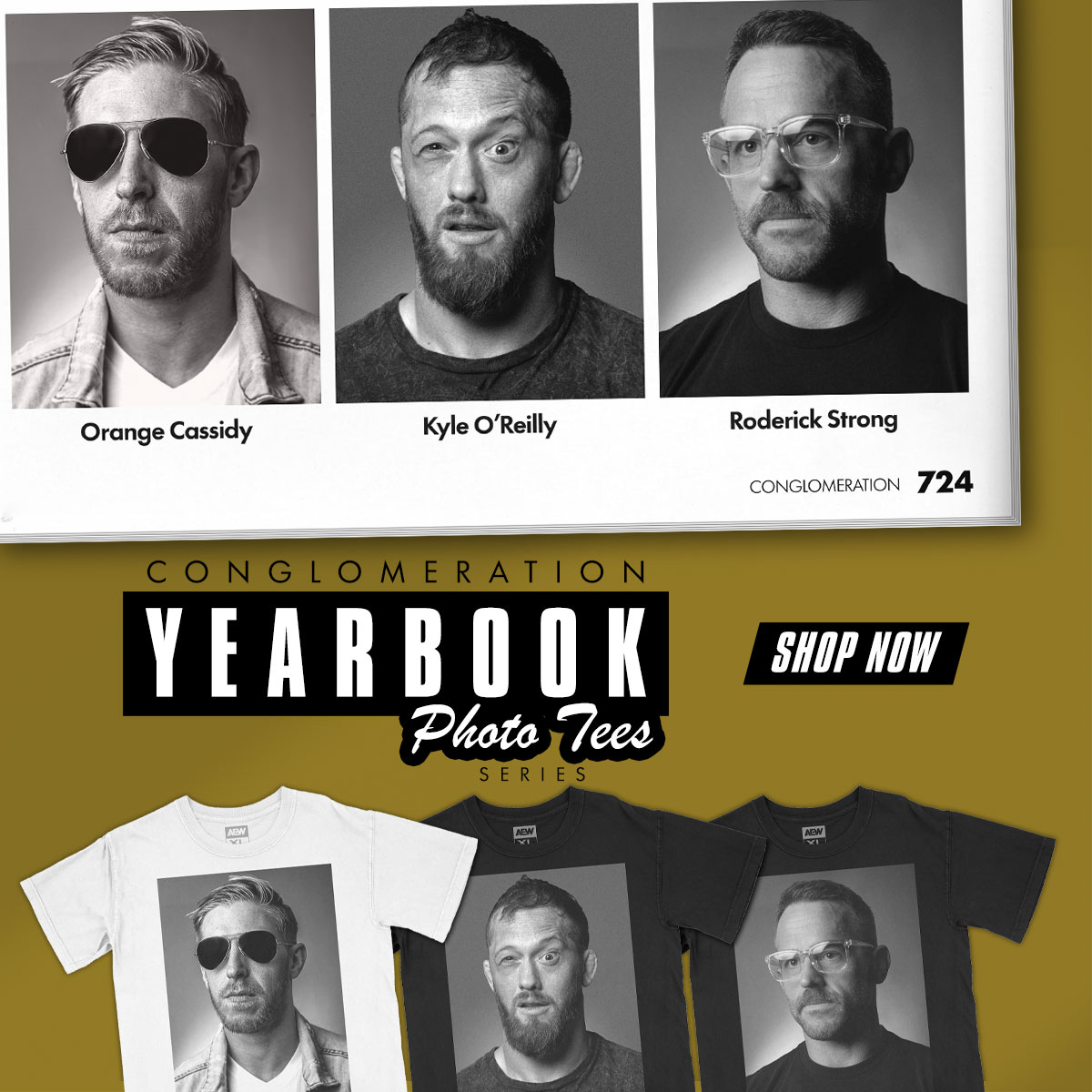 ShopAEW's tweet photo. The ultimate class portraits. Get these yearbook photo tees featuring @orangecassidy, @korcombat, &amp; @roderickstrong of The Conglomeration. Get em now on https://t.co/9hHlXpdq0X! https://t.co/ISTu6hpaSZ